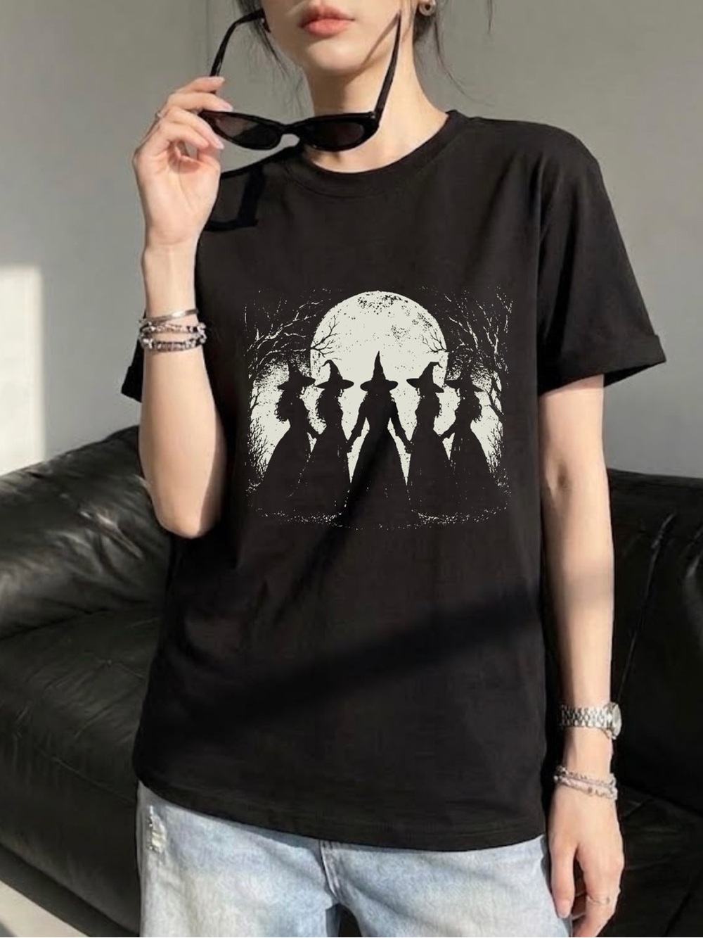 Dancing Witches Coven Full Moon Spooky Gothic Witchcore Magic Graphic Tee Shirt